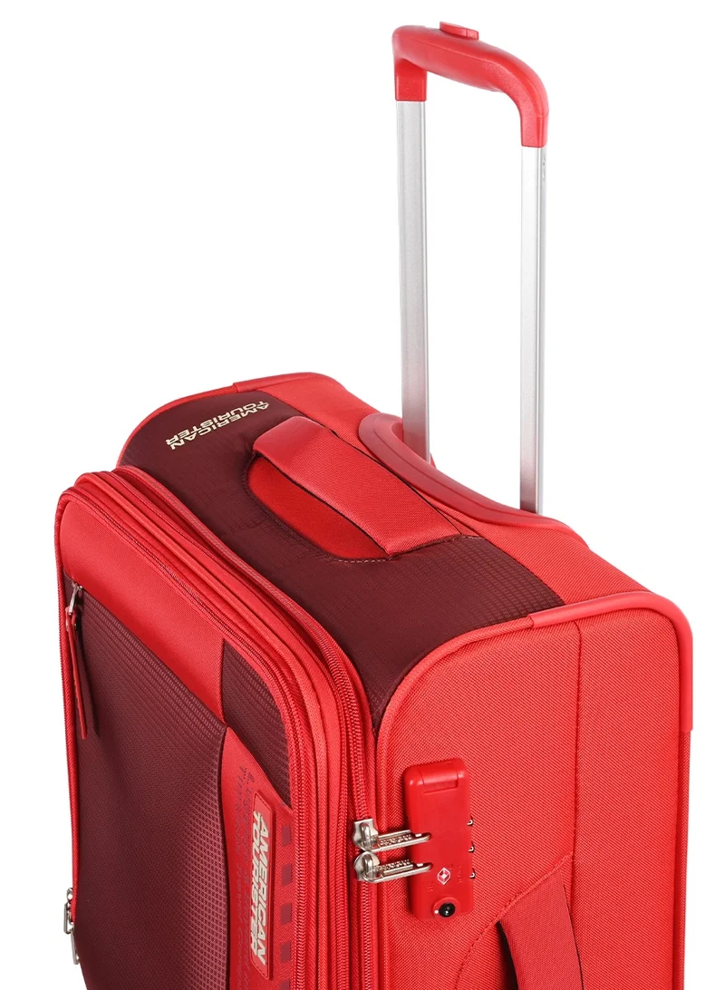 American Tourister red Marina Suitcase, Cabin Size 57 cm, 4 Spinner Wheels, Soft Top, 100% Polyester, Red|Inner Mesh Zippered Pocket|Expandable|TSA Lock|Voluminous Front Pocket - 3 Years International Warranty  | Best Price UAE
